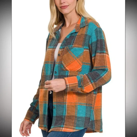 Zenana Campfire Cutie Plaid Flannel Shirt in Orange and Blue size large - Picture 2 of 2